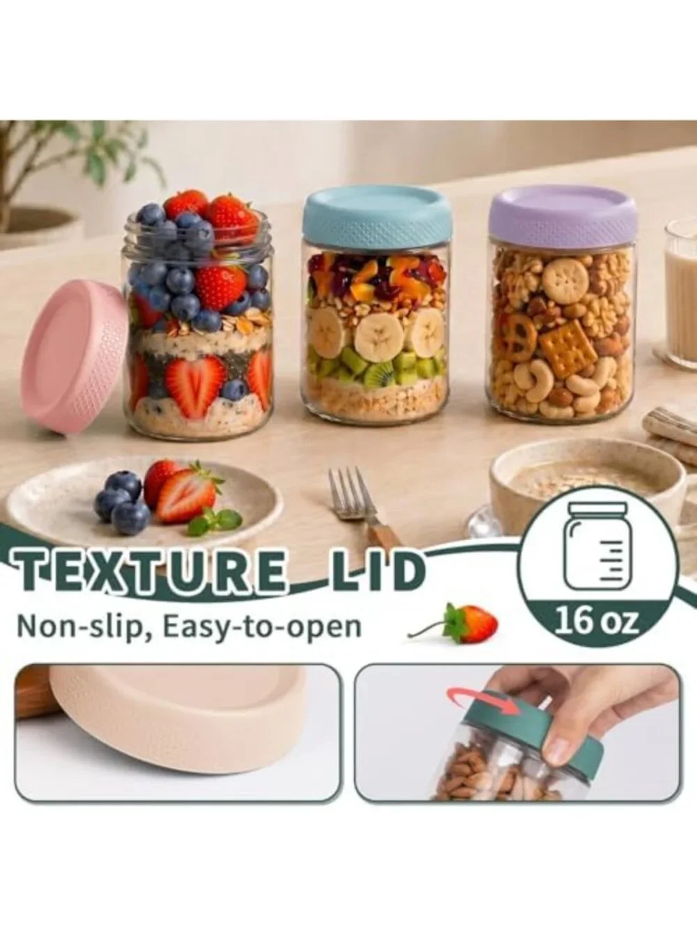 16 oz Glass Jars for Overnight Oats, Meal Prep Containers with Lids